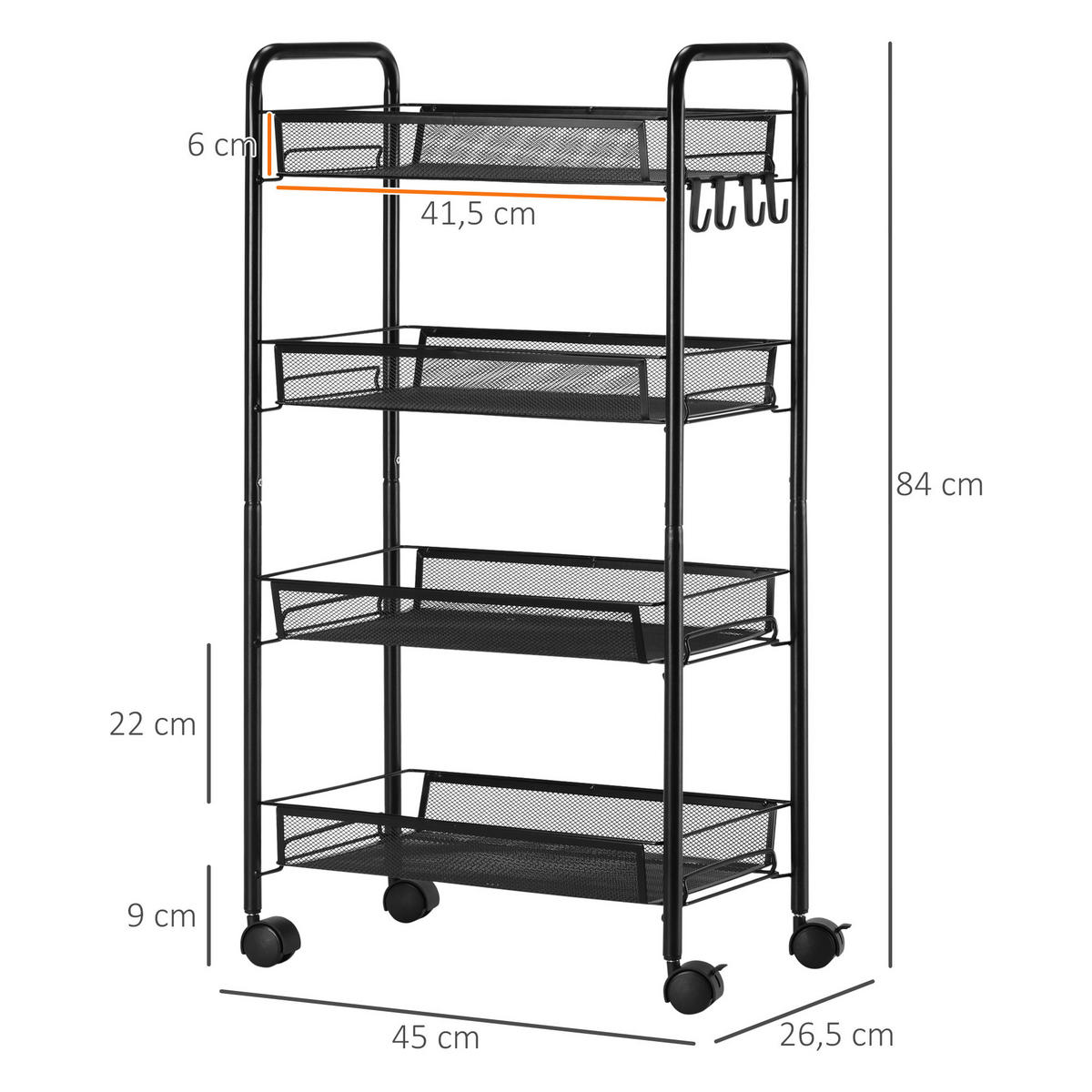 SERVIERWAGEN abnehmbar, Stahl, Schwarz - Schwarz, Metall (45/84/26.5cm) - HOMCOM