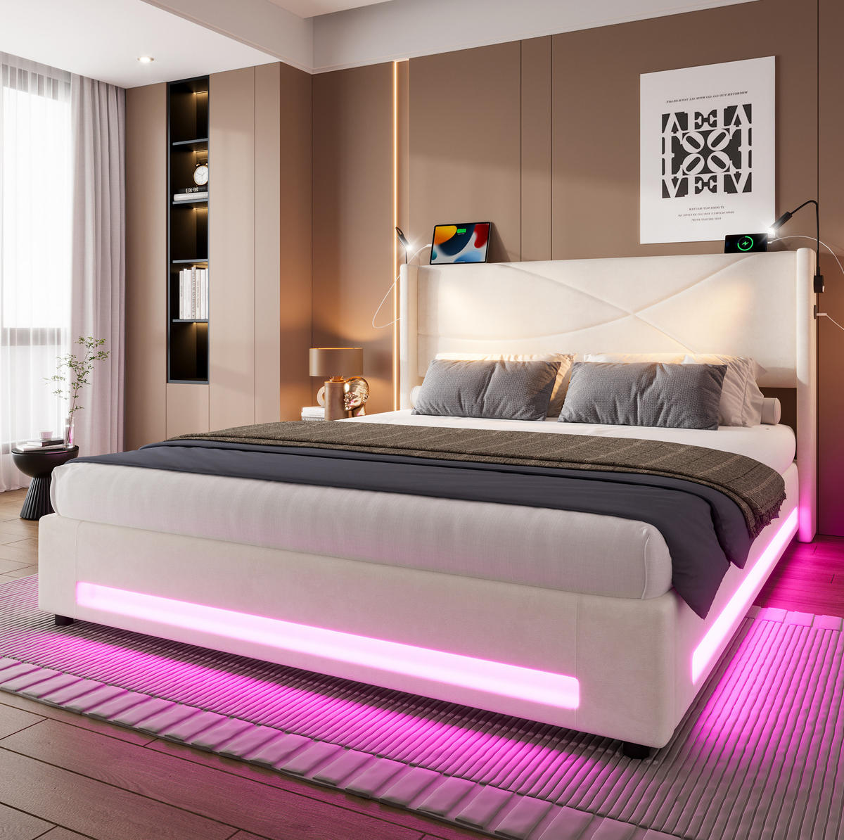 BETT 140/200 cm in Beige – mit Bettkasten, LED, USB und Lattenrost - Beige, Textil (140/200cm) - BEAOK