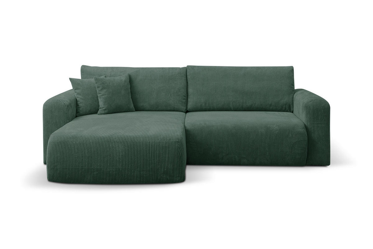 ECKSOFA Roma, Eckcouch in L-Form mit Schlaffunktion und Bettkasten, Farbe: Grün, Cordstoff, Ottomane Universal - Grün, Textil (244/142cm) - VENASI MÖBEL