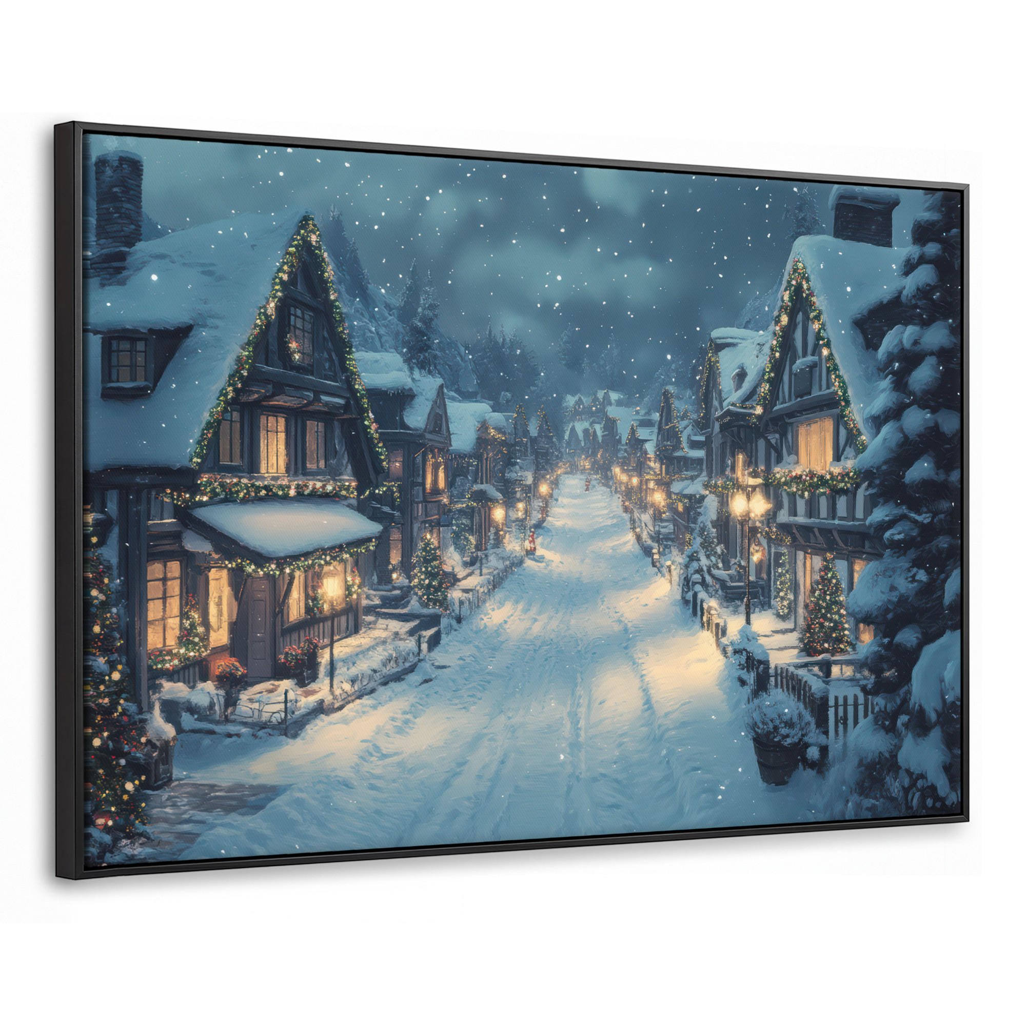 LEINWAND Bilder mit Rahmen - Weihnachtsdorf - Weihnachten - Schnee - Winter - 120x80 - Dunkelblau, Textil (120/80cm) - MuchoWow