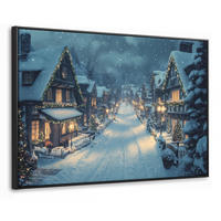 LEINWAND Bilder mit Rahmen - Weihnachtsdorf - Weihnachten - Schnee - Winter - 120x80 - Dunkelblau, Textil (120/80cm) - MuchoWow