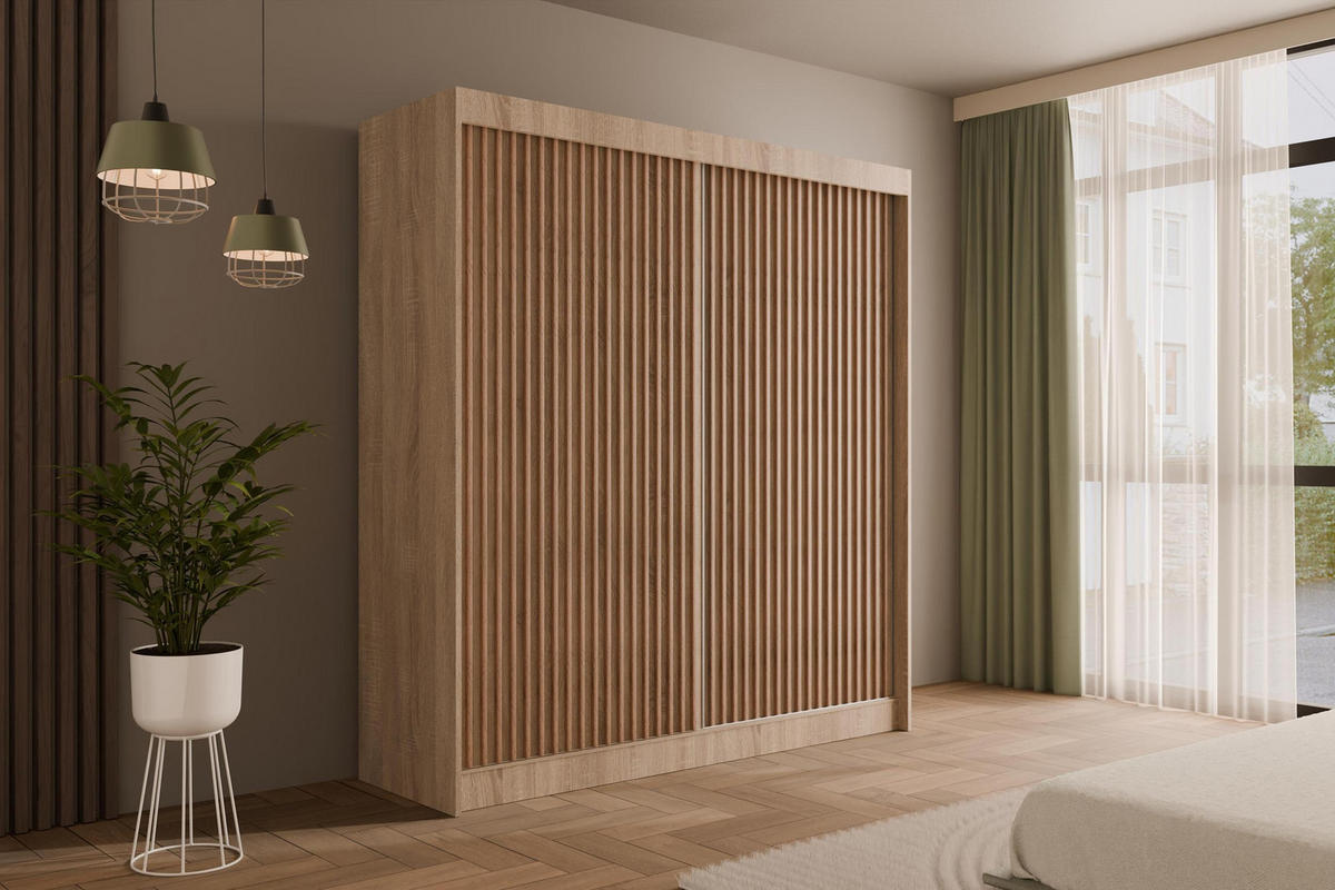 KLEIDERSCHRANK mit Lamel-Schiebetüren VILANv2 - 200 cm Sonoma Eiche+Sonoma Eiche+Lamelle Eiche Wotan - Eiche Wotan/Sonoma Eiche, Holzwerkstoff (200/215/61cm) - ALTDECOR