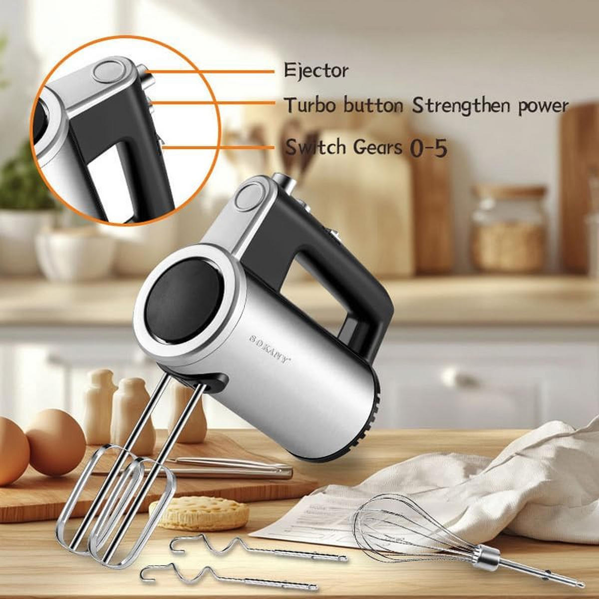 MIXER SOK-019 Silber Edelstahl, Handmixer 800W, 5 Geschwindigkeiten, Turbo - Silbereichenfarben, Metall (8/19/16cm) - SOKANY