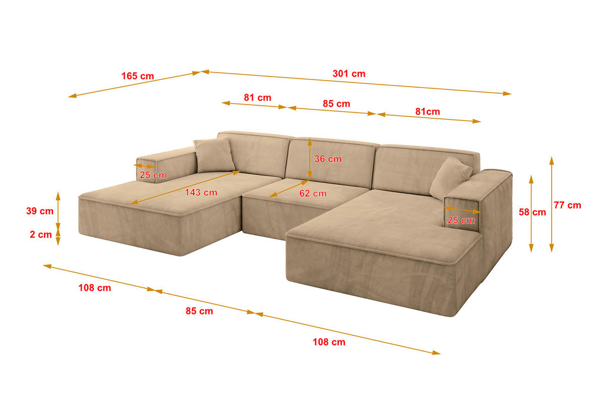 SEDACÍ souprava IREA-U1-v4 – 303 × 171 × 79 cm, béžová - béžová, kompozitní dřevo/textil (301/77/165cm) - ALTDECOR