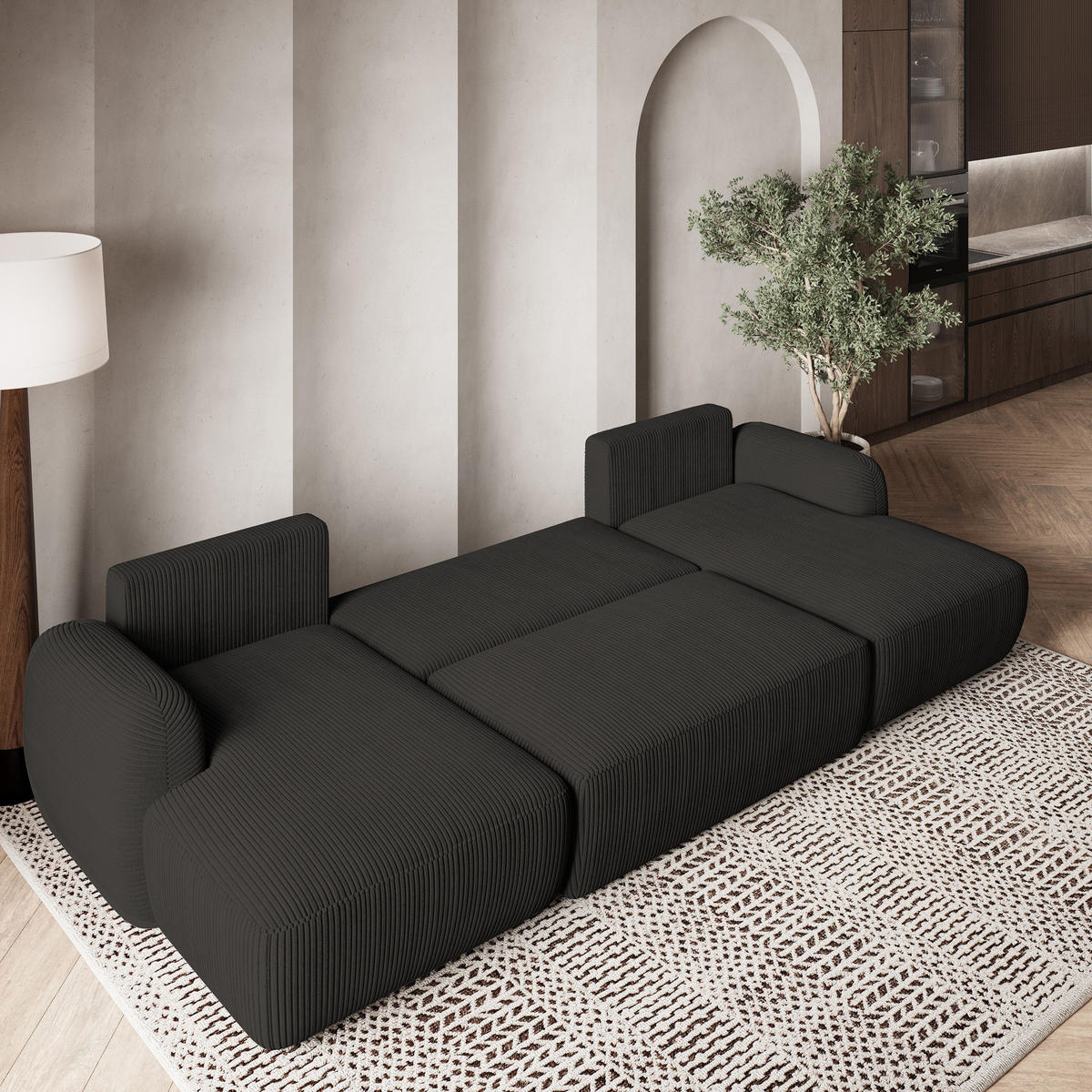 WOHNLANDSCHAFT SAVONA P Schwarz Kordstoff mit Schlaffunktion - Schwarz, Holz (320/90/148cm) - MASSENO