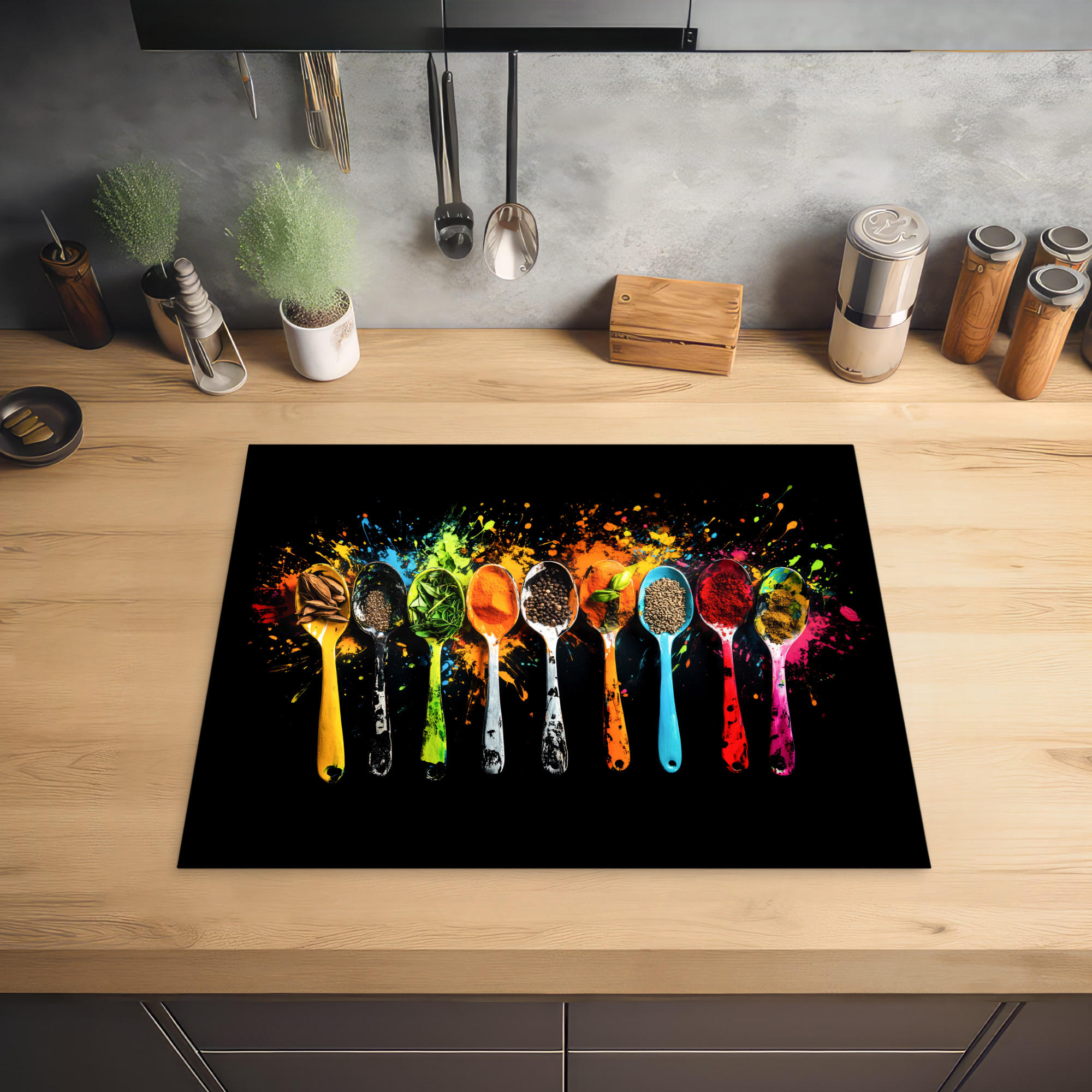 HERDABDECKPLATTE Löffel - Gewürze - Modern - Graffiti - Farbe - Farbenfroh 65x52 cm - Multicolor, Kunststoff (65/0.2/52cm) - MuchoWow