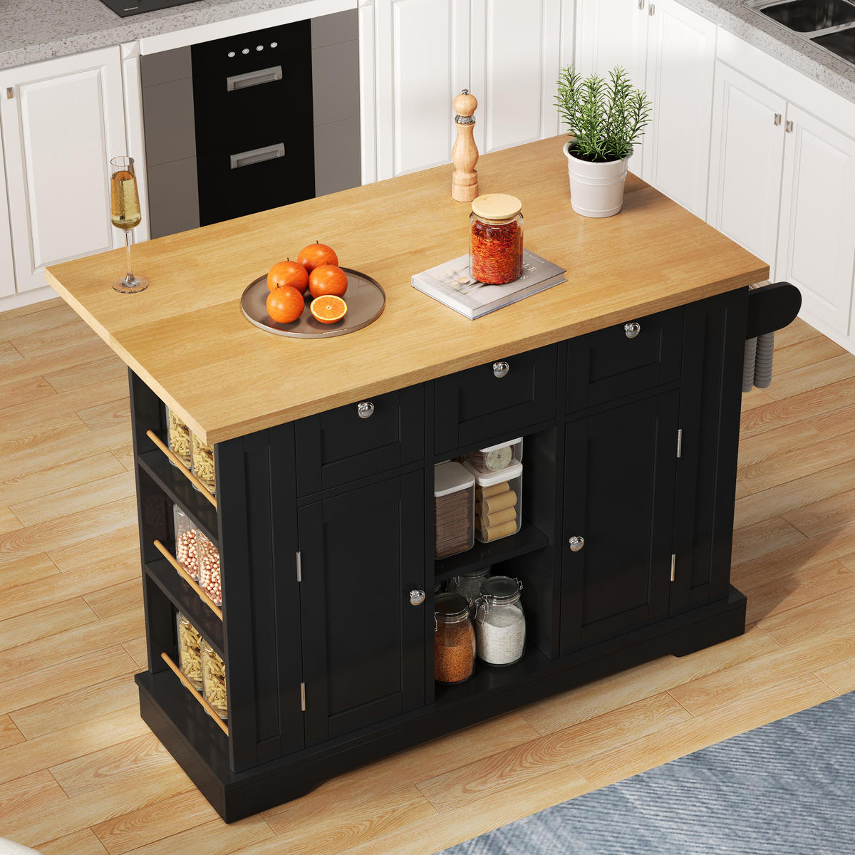 KÜCHENINSEL Mobile ausziehbar Steckdosen USB 120 cm Holz Metall Stauraum - Schwarz, Holzwerkstoff (132/87/70cm) - EVRYAE