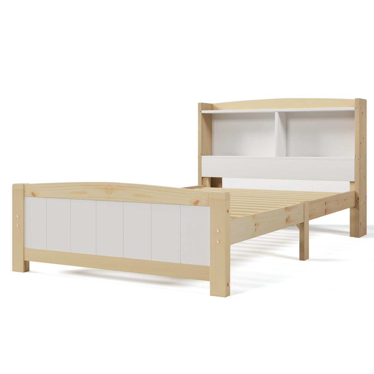 RAHMENBETT 90/200 cm mit Stauraum-Kopfteil aus massivem Holz in Weiß - Naturfarben, Holz (90/200cm) - OKWISH