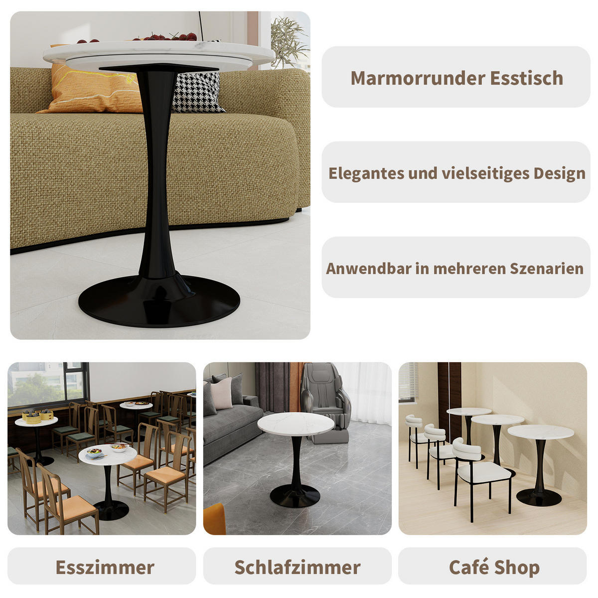 COUCHTISCH rund 70 cm schwarz/weiß aus Kunstmarmor mit minimalistischer Form - Weiß, Stein (70/70/72cm) - OKMYHOME