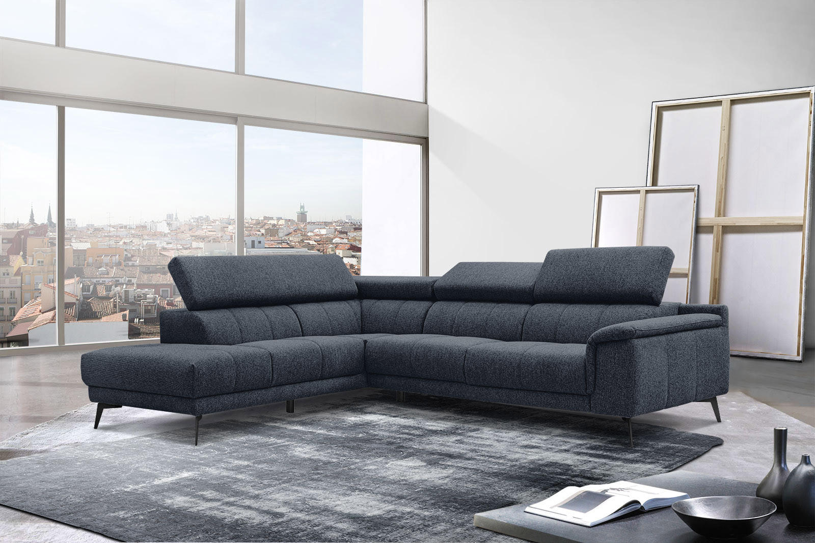 Thumbnail - Courtois Laville Ecksofa, Dunkelblau, Textil, 5-Sitzer, L-Form, Ottomane links,L-Form, 269x158 cm, Wohnzimmer, Sofas & C...