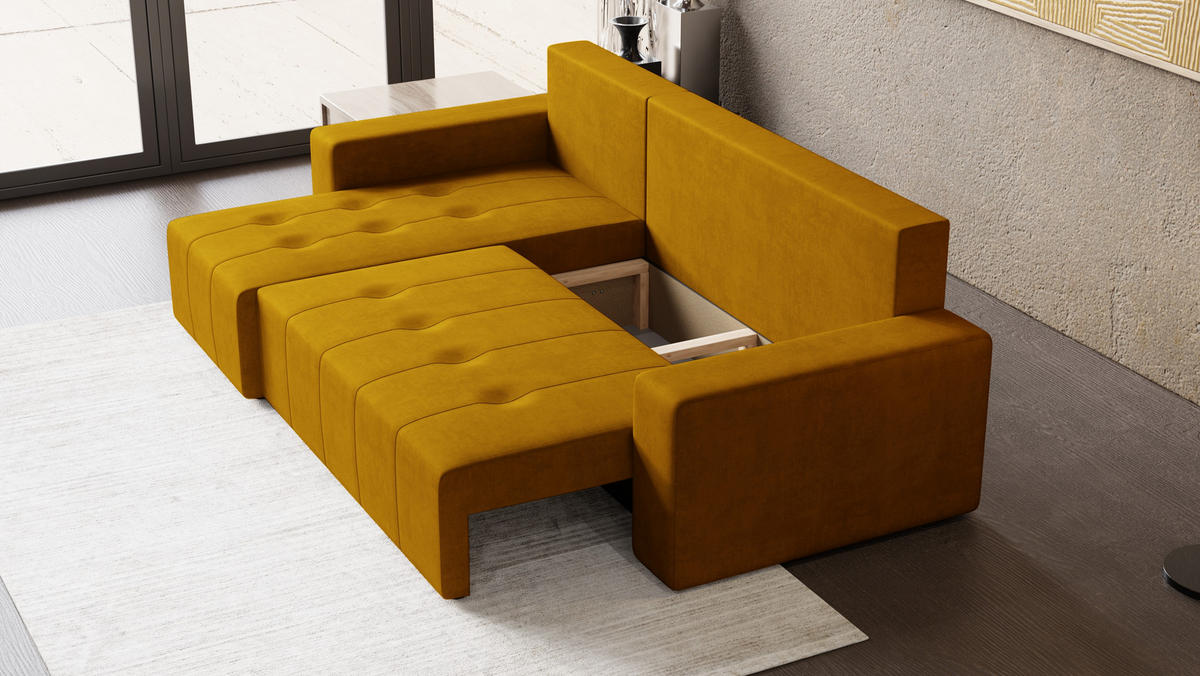 ECKSOFA Tico mit Bettkasten und Schlaffunktion, L-Form/XL-Form, Velourstoff, Universal - Currygelb, Holzwerkstoff (246/145cm) - 4ALL HOME