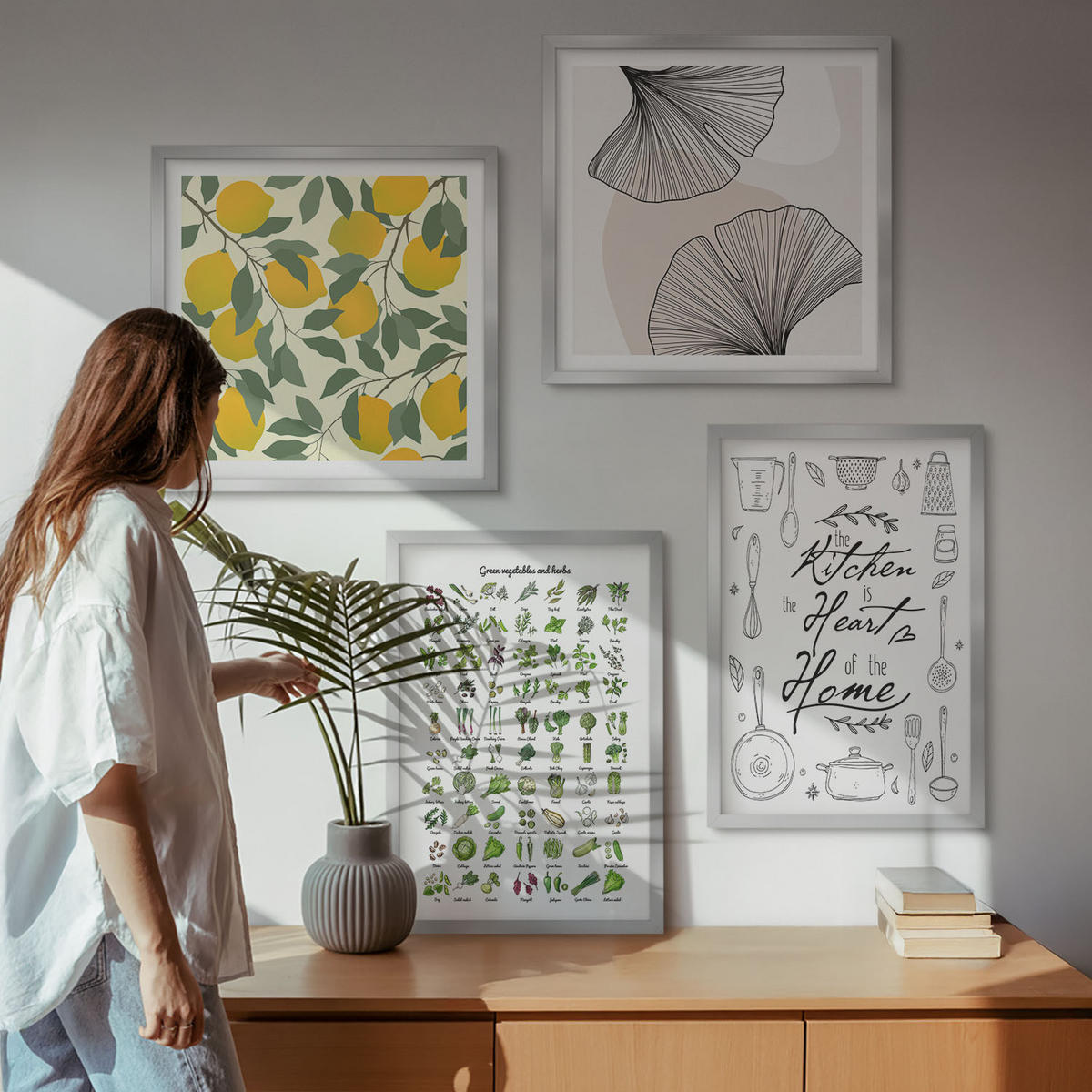 BILDER SET 4er Set - 50x50 cm & 40x60 cm Silberner Rahmen - Küchenkräuter-Zitronen-Malerei - Silberfarben, Kunststoff (50/50cm) - TULUP