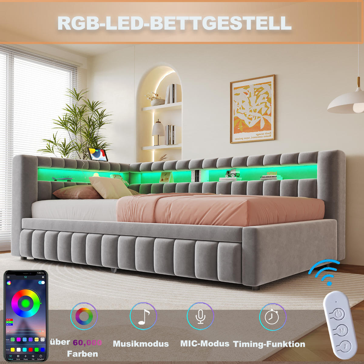 POLSTERBETT 90x200 Hellgrau Samt LED USB - Hellgrau, Textil (90/200cm) - FLIEKS