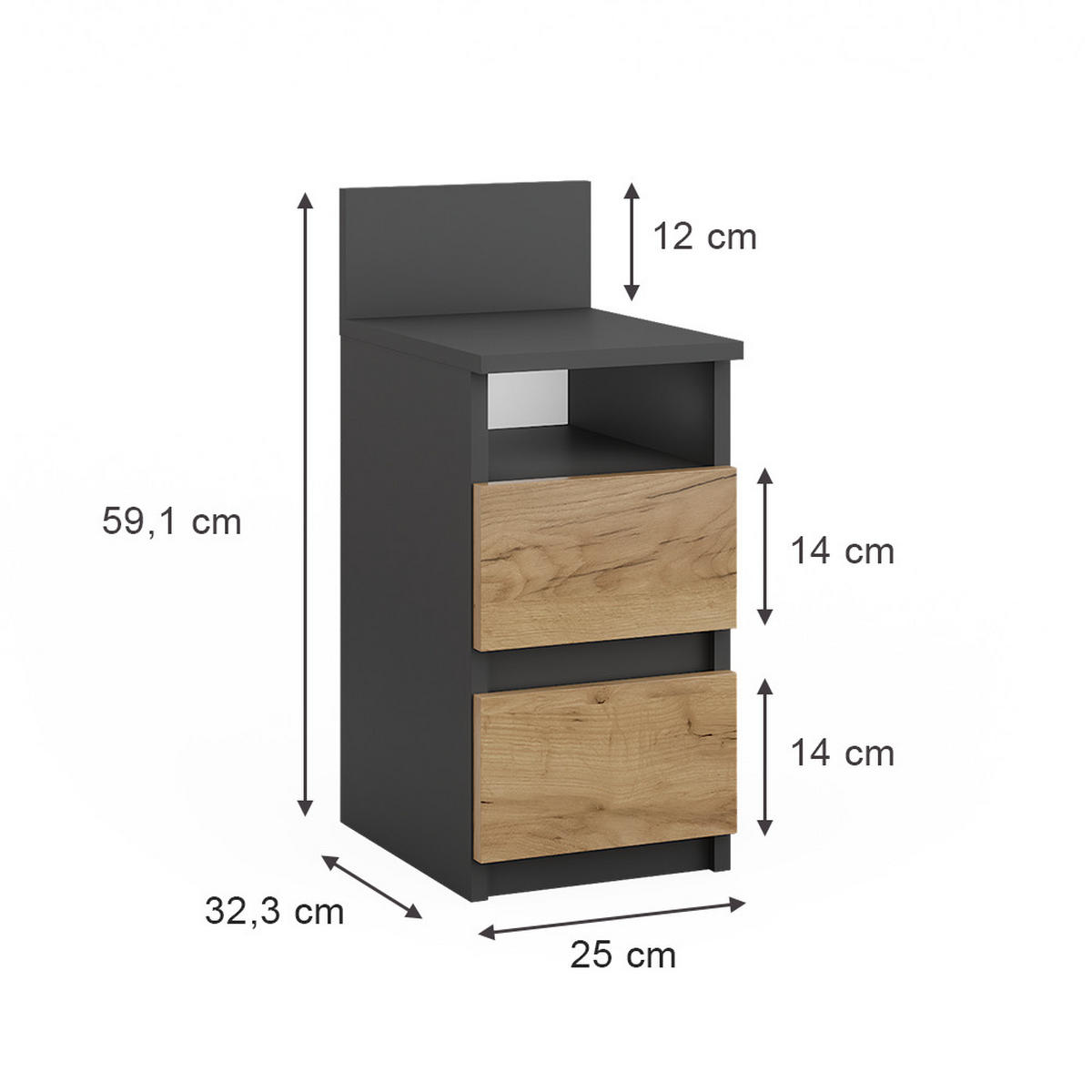 NACHTTISCH Monty Anthrazit/Goldkraft Eiche 25 x 59.1 cm 2er Set - Anthrazit/Eiche Wotan, Holzwerkstoff (25/59.1/32.3cm) - Vicco