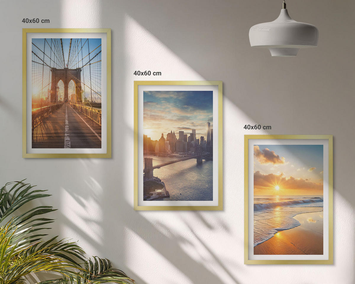 BILDER SET 3er Set - 40x60 cm Goldrahmen - Brücken, Sonnenuntergänge, Stadt - Goldfarben, Kunststoff (40/60cm) - TULUP