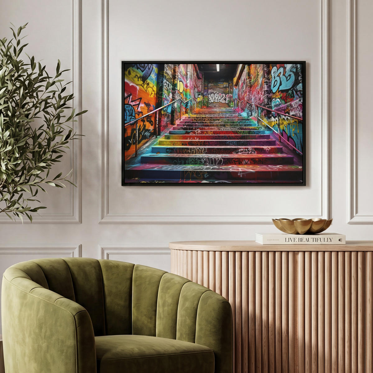 LEINWAND Bilder mit Rahmen - Treppe - Graffiti - Farben - Kunst - 60x40 - Multicolor, Textil (60/40cm) - MuchoWow