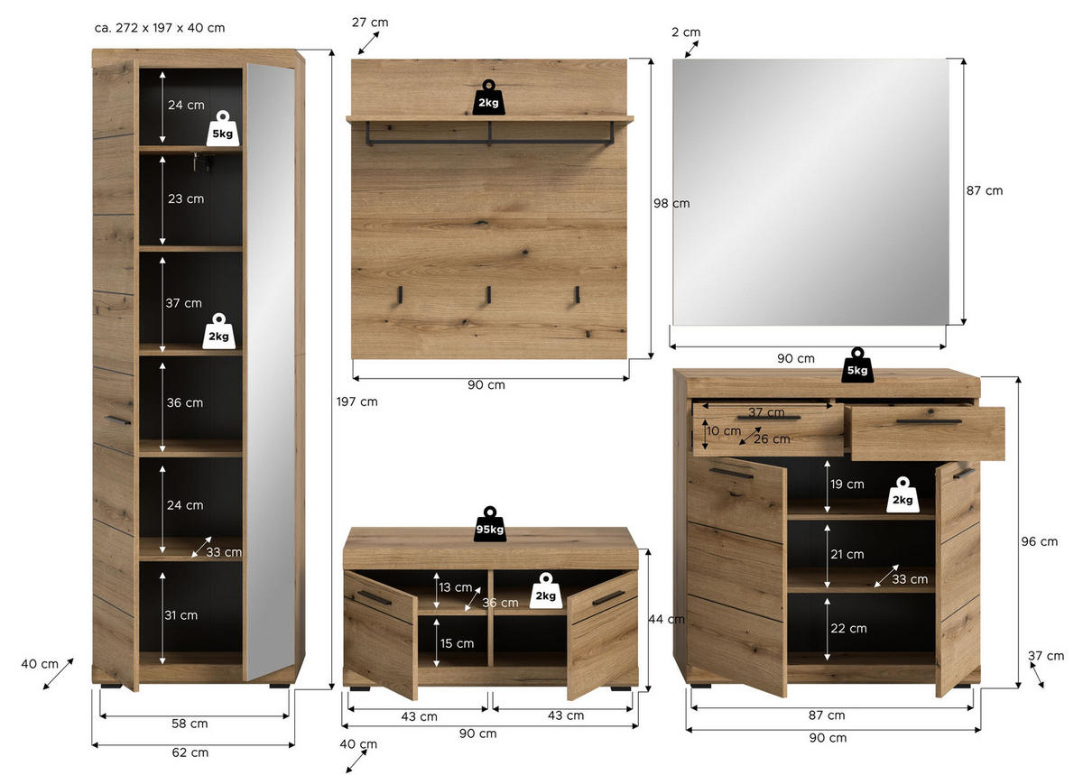 GARDEROBEN-SET SCOUT 5-tlg. (B/H/T: ca. 272/197/40 cm) in Evoke Oak Nachbildung/Evoke Oak Nachbildung - Eichefarben, Holzwerkstoff (272/197/40cm)