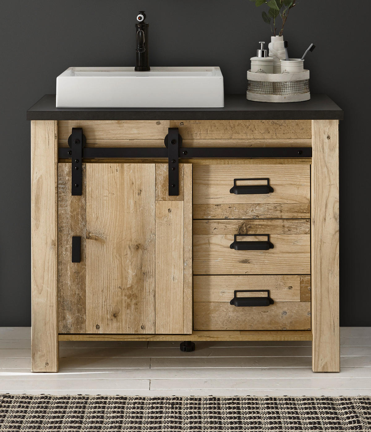 WASCHBECKENUNTERSCHRANK Waschbecken, Used Wood hell, anthrazit, Waschtisch 95 cm Stove - Eichefarben/Anthrazit, Holzwerkstoff/Metall (95/81/43cm) - Furn.Design