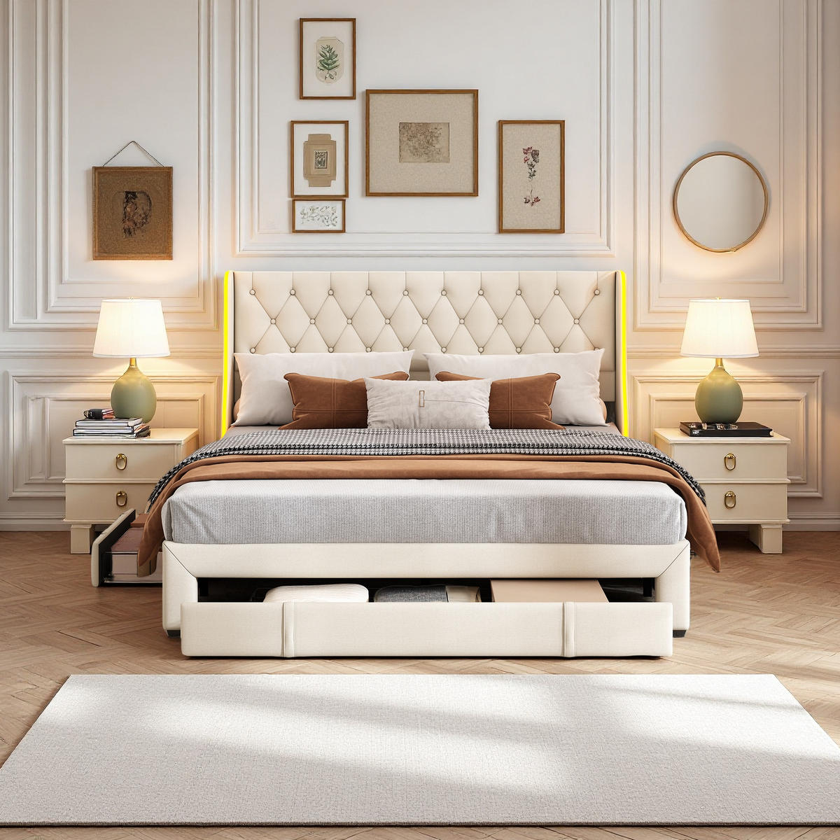 POLSTERBETT 140x200 cm LED Kopfteil 3 Schubladen Lattenrost Samt beige - Beige, Holz (140/200cm) - LEBENLANG