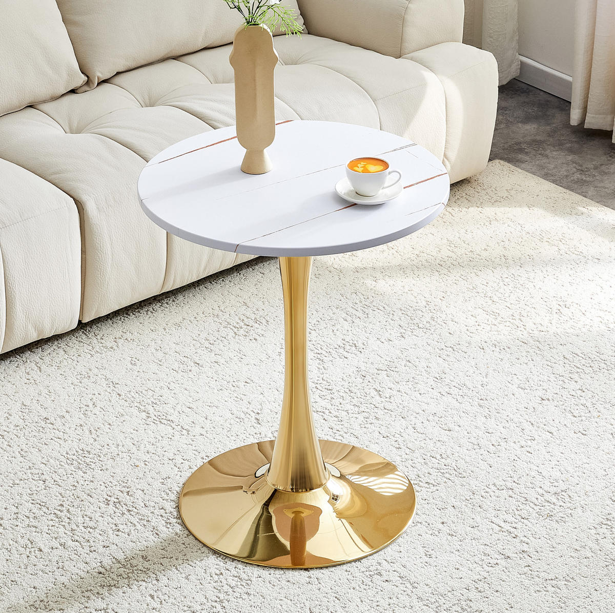BEISTELLTISCH aus MDF und Metall 60x60x72 cm Weiß/Gold mit runder Tischplatte und stabilem Mittelfuß - Weiß, Holzwerkstoff (60/60/72cm) - Modfu