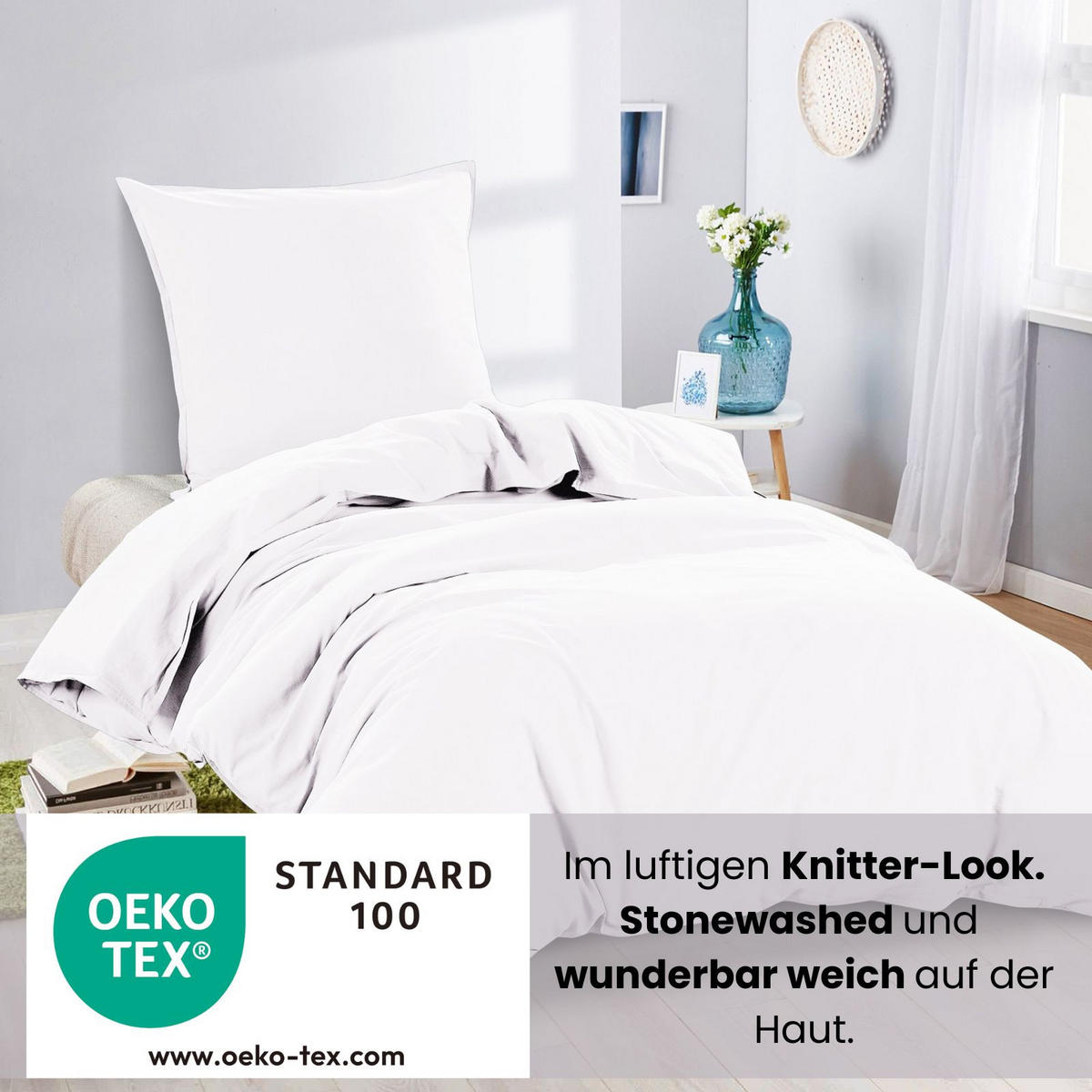 BETTWÄSCHE Stone Washed weiß 155/220 cm 100% Baumwolle Used-Effekt mit Stehsaum - Weiß, Textil (155/220cm) - wometo