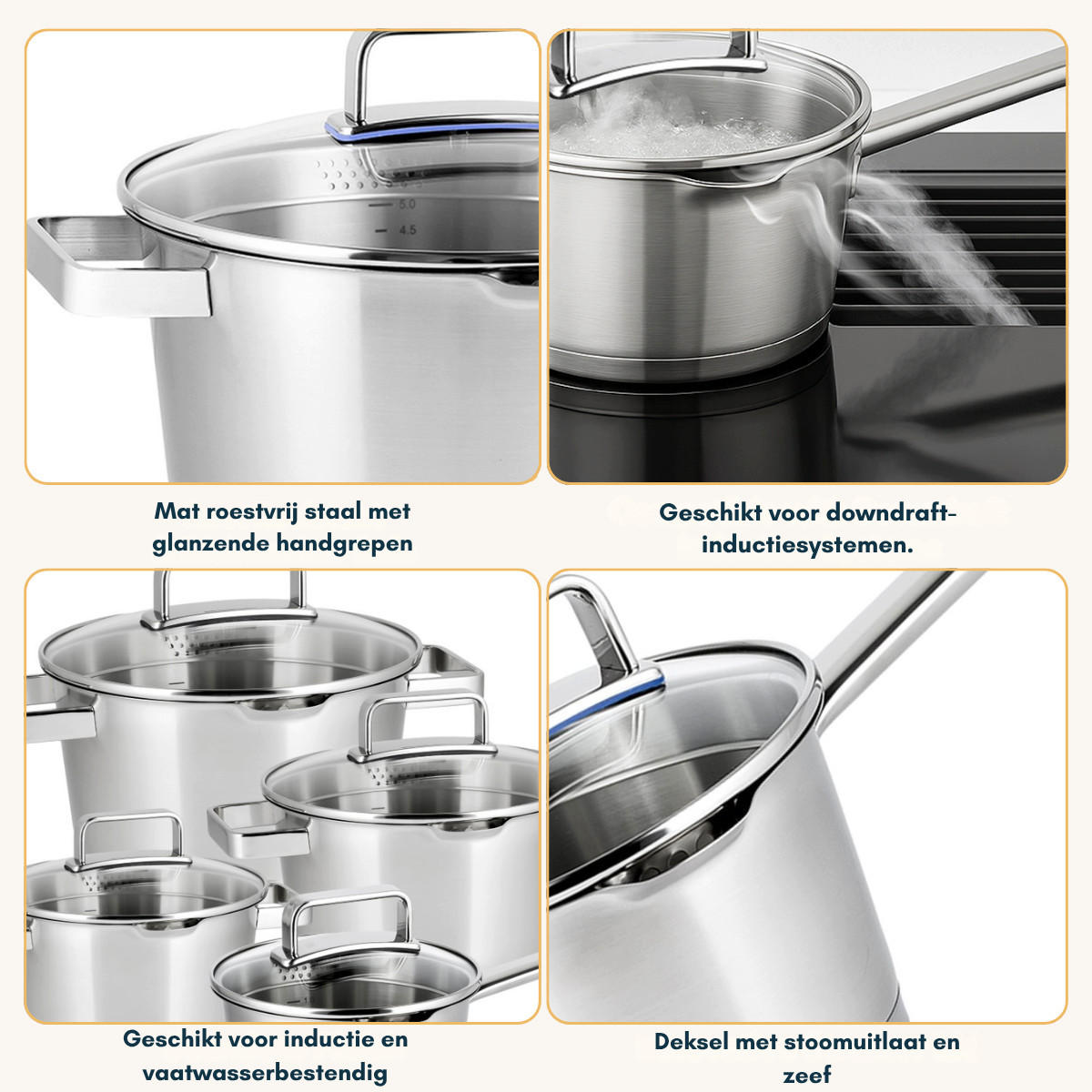 TÖPFE UND PFANNENSET Topfset Diamond - Edelstahl - Kochtopf ø 16, 18, 20, 24 cm & Stielkasserolle ø 16 cm - Induktionsgeeignet - 5-teilig - Silberfarben, Metall - Sola