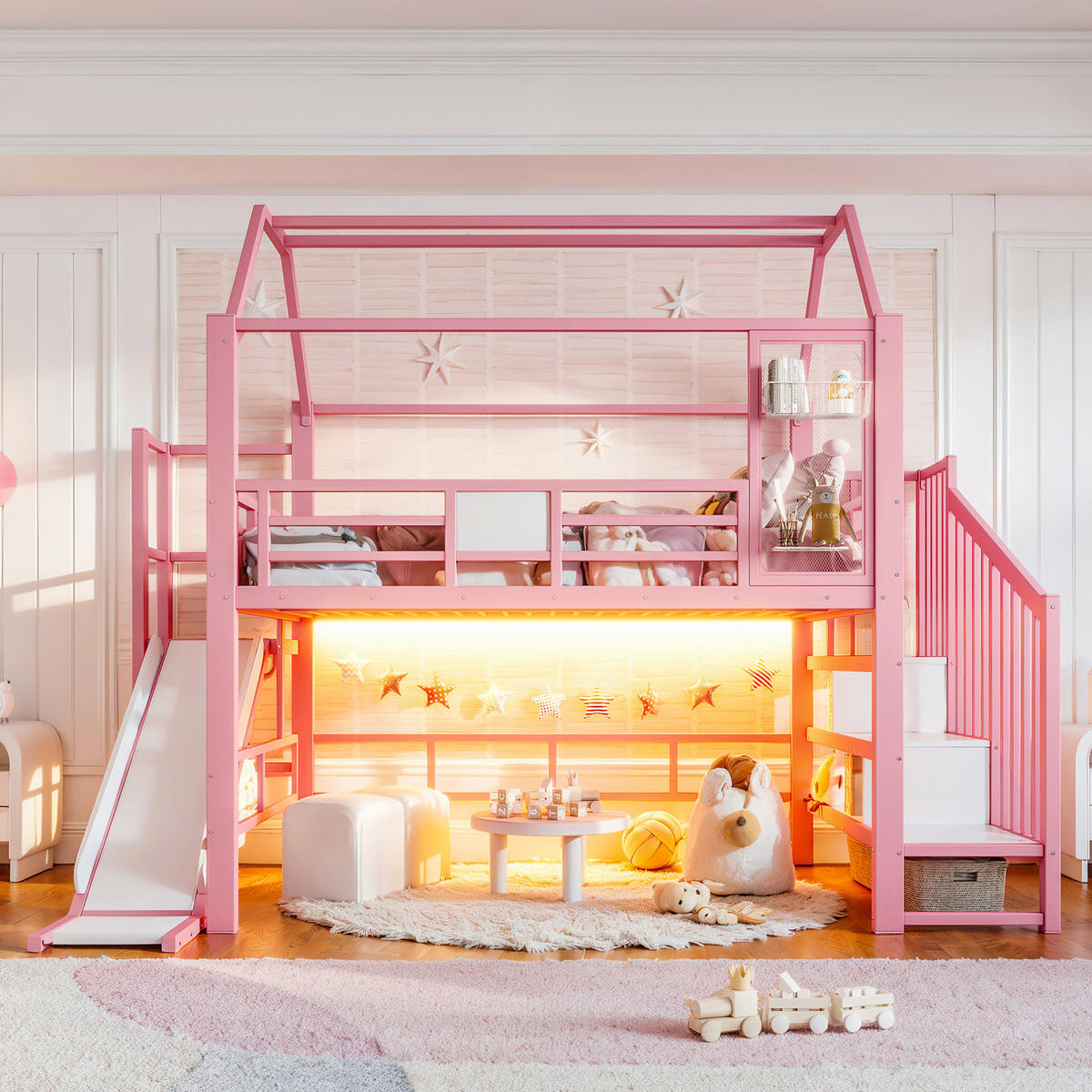 KINDERHOCHBETT MDF & Metall 140x200 cm Pink im Hausdesign mit Rutsche, Treppe mit Ablagen und LED-Beleuchtung - Pink, Holzwerkstoff (140/200cm) - Modfu