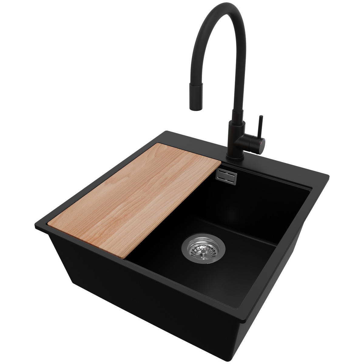 GRANITSPÜLE Oslo, 2-er set Schwarz 48/50 cm 1 Becken + Küchenarmatur 40/38 cm + Ablauf-Set + Schneidebrett ab 50er Unterschrank - Chromfarben/Beige, Kunststoff (48/20/50cm) - Primagran