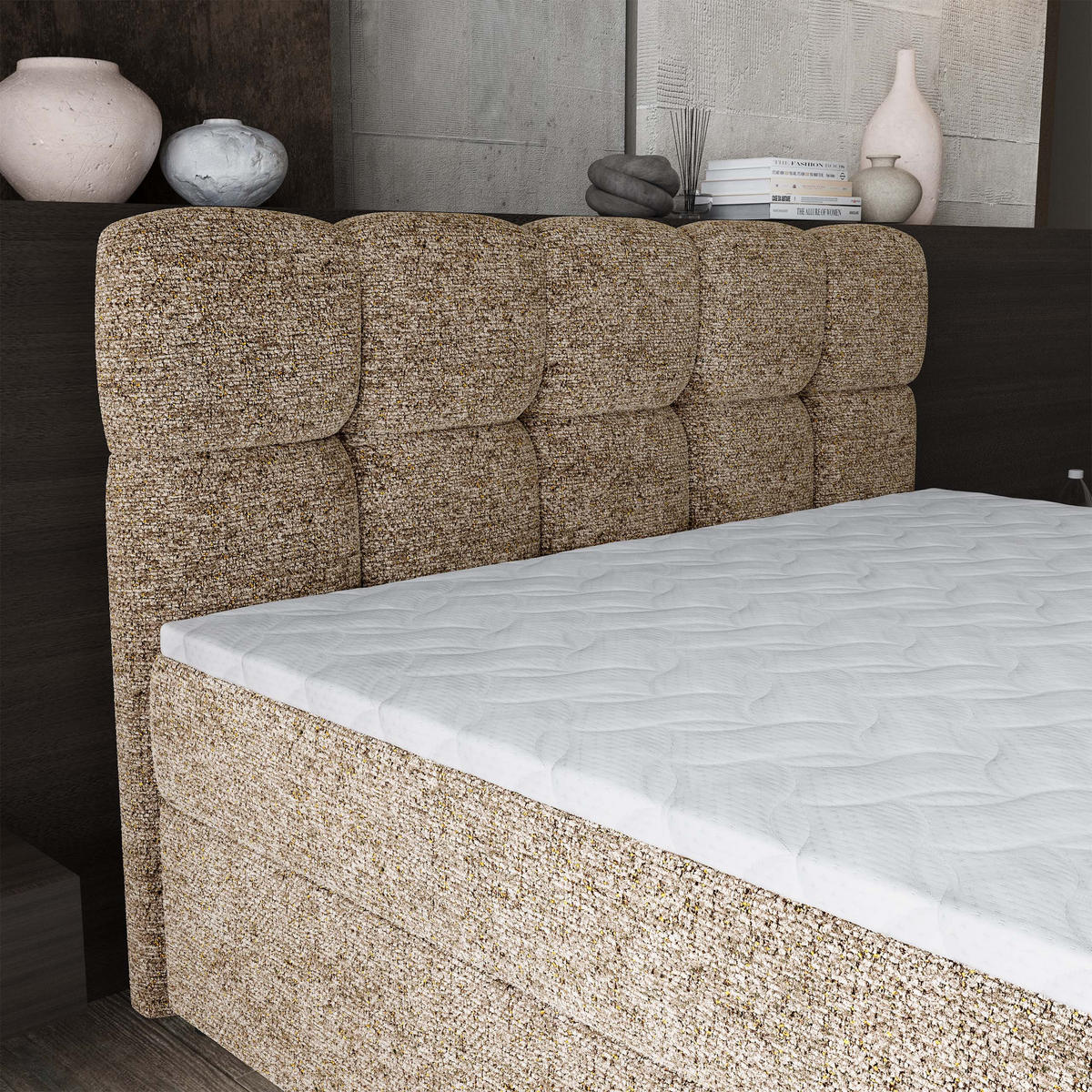 BOXBETT BRUME 180x200 cm mit Matratze und Topper, H2+H3 - Beige - Beige, Holz (180/200cm) - MASSENO