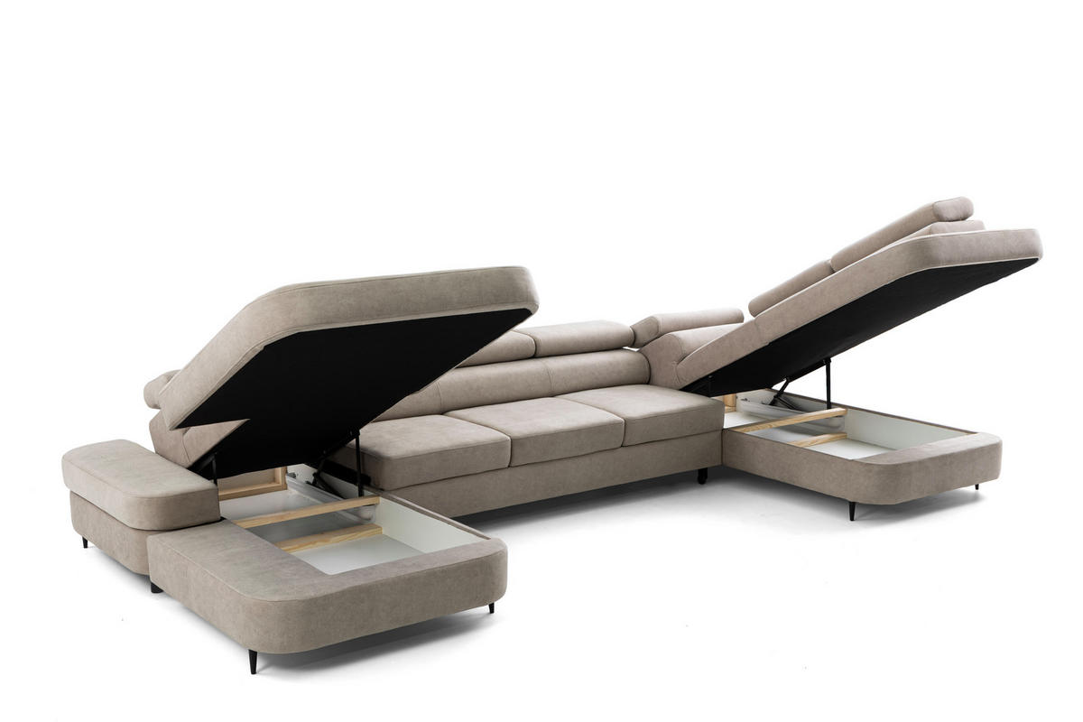 WOHNLANDSCHAFT PRIAM MAXI U – XXL Ecksofa U-form 400 cm inkl. Schlaffunktion, 2 Bettkästen & Kopfteilverstellung Beige - Beige, Holz/Textil (400/91/203cm) - Muffo