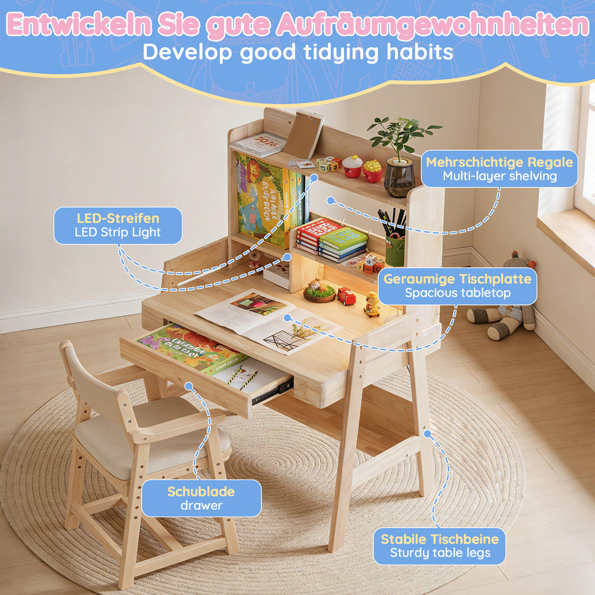 SCHREIBTISCH Naturfarben 84/60/127,5 cm mit LED-Lichtleiste und USB-Anschluss - Naturfarben, Holz (60/84/127.5cm) - PANGIVO