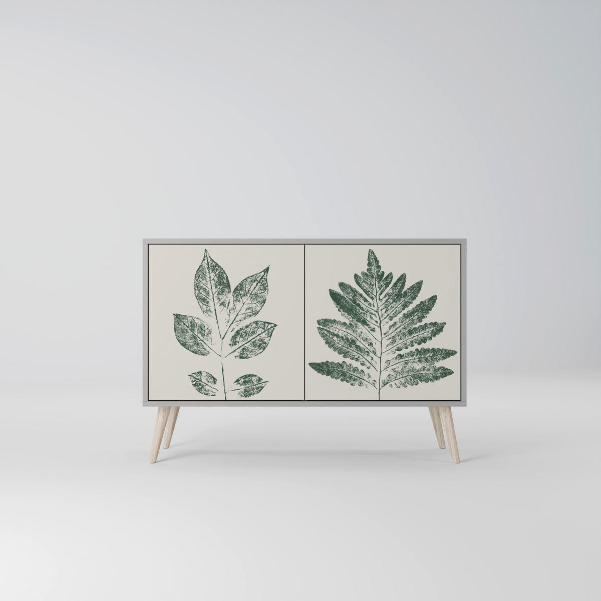 SIDEBOARD GREEN LEAFY STAMPS, Graue Oberfläche, 111x42x57,5 cm, 2 Türen - Grau, Holzwerkstoff (111/57.5/42cm) - SpaceRebels
