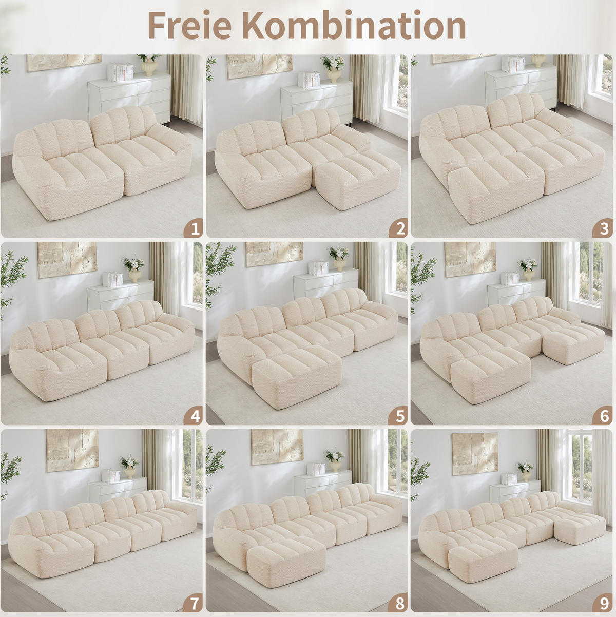 SOFA 210/165/79 cm in Beige-Weiß aus Granuliertem Fleece - Beige, Textil (165/79/210cm) - Flora Grace