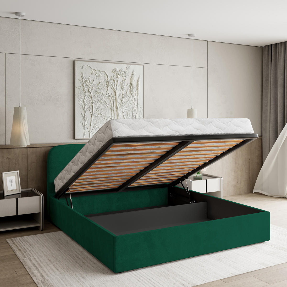 POLSTERBETT RENIVE 160x200 cm mit Bettkästen - Grün - Grün, Holz (160/200cm) - MASSENO