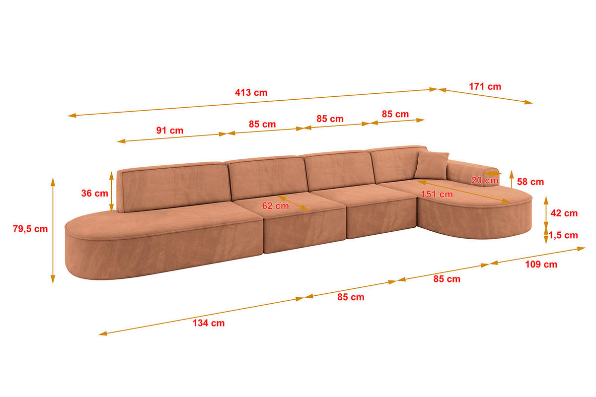 ECKSOFA Ottomane Rechts MARI-L3 - 413x171x79 cm Orange Velours - Schwarz/Orange, Holzwerkstoff/Kunststoff (171/413cm) - ALTDECOR
