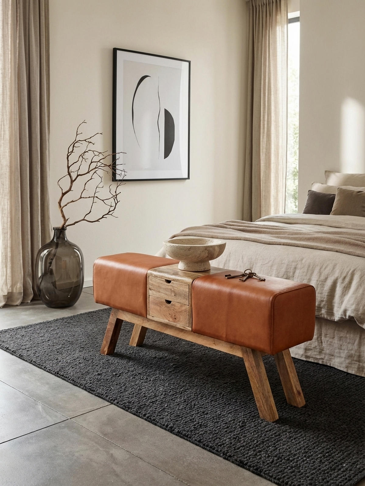 SITZBANK Massivholz Stoffbezug mit 2 Schubladen, Braun 120x30x56 cm - Braun, Mangoholz/Leder (120/56/30cm) - KADIMA DESIGN