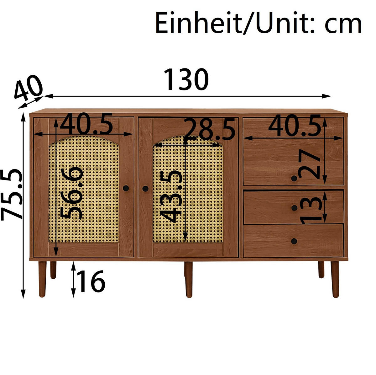 SIDEBOARD im Landhausstil 130 x 40 x 75,5 cm Holzoptik mit Rattantüren - Braun, Holzwerkstoff (130/75.5/40cm) - Meubliv