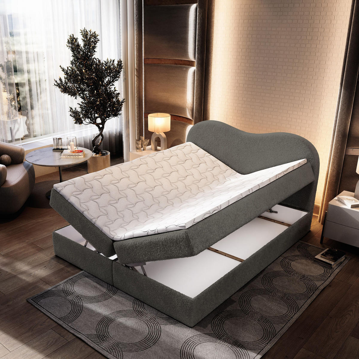 BOXBETT FLUVIA N 160x200 cm mit Matratze und Topper - Grau - Grau, Holz (160/200cm) - MASSENO