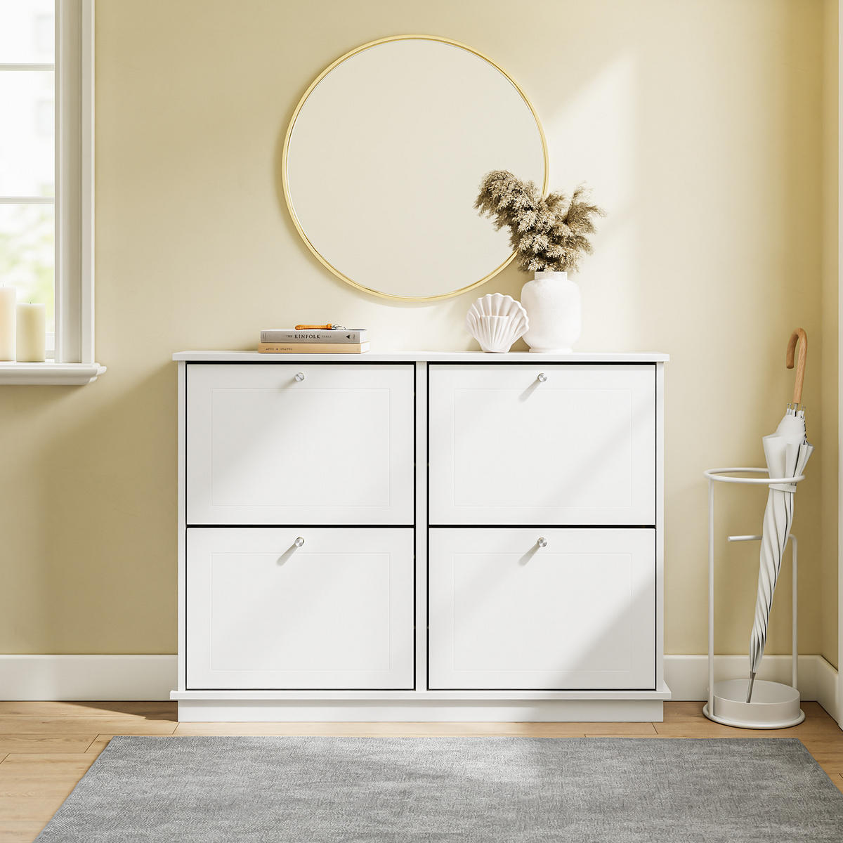 SCHUHSCHRANK schmal mit 4 Klappen, Weiß 105×18×78cm - Weiß, Holzwerkstoff (18/78/105cm) - SoBuy