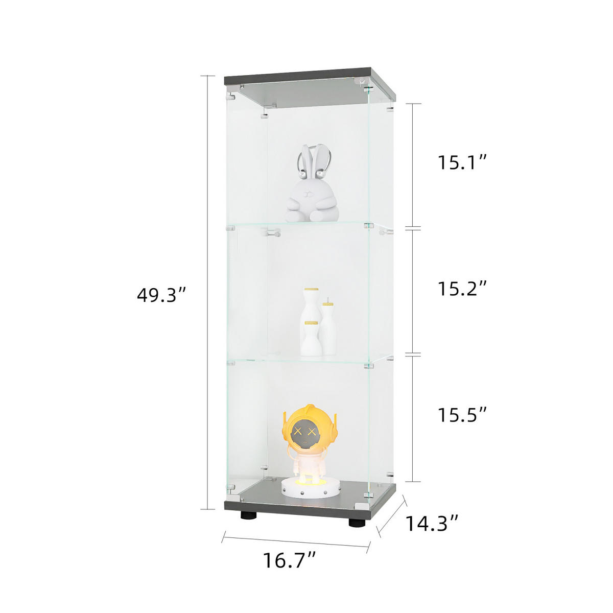 VITRINE Glas, 3 Etagen mit Tür und Schloss, 5 mm gehärtetes Glas, Weiß - Schwarz, Glas (36.5/125/42.5cm)