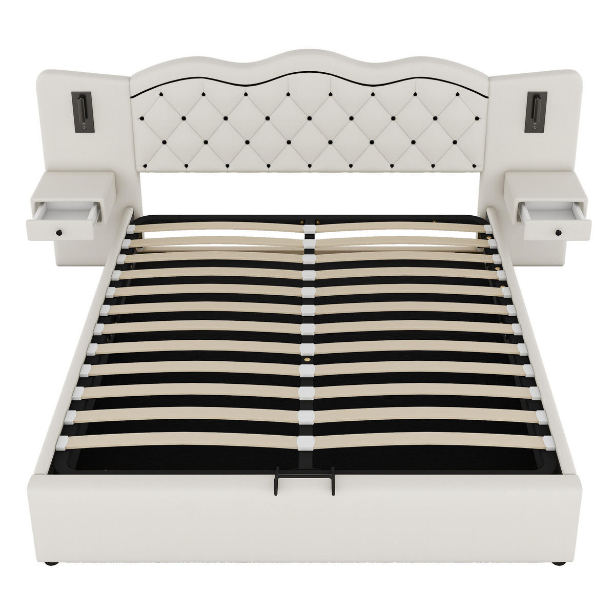 ČALÚNENÁ posteľ 180/200 cm z imitácie ľanu a MDF, béžová, s úložným priestorom a USB - béžová, textil (180/200cm) - BEAOK