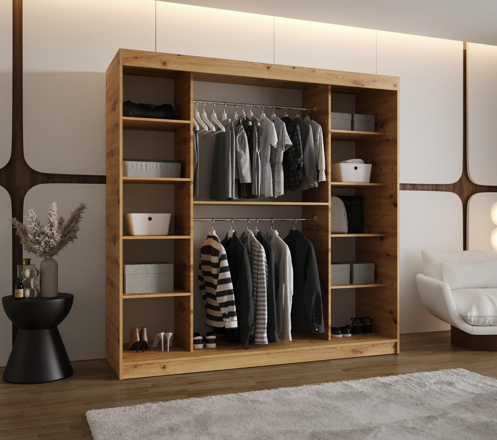 Thumbnail - Möbel Kryspol Schwebetürenschrank, Eiche Artisan, Holz, Nachbildung, 9 Fächer, 200x200x62 cm, Schlafzimmer, Kleiderschrä...