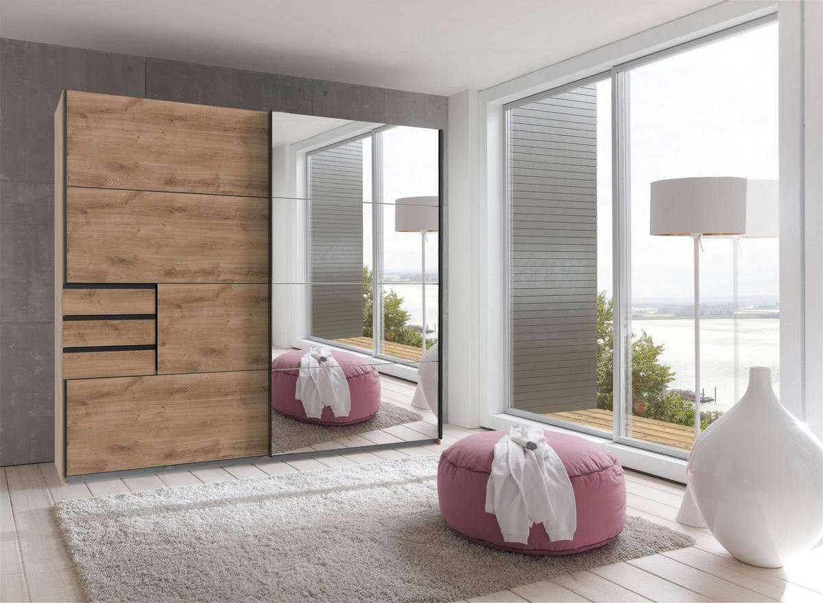 KLEIDERSCHRANK Saigon in Plankeneiche und schwarzen Griffen mit einer Spiegel Türfront – Schwebetürenschrank 2 türig - 225 cm Breite - Braun, Holzwerkstoff (80/200/120cm)