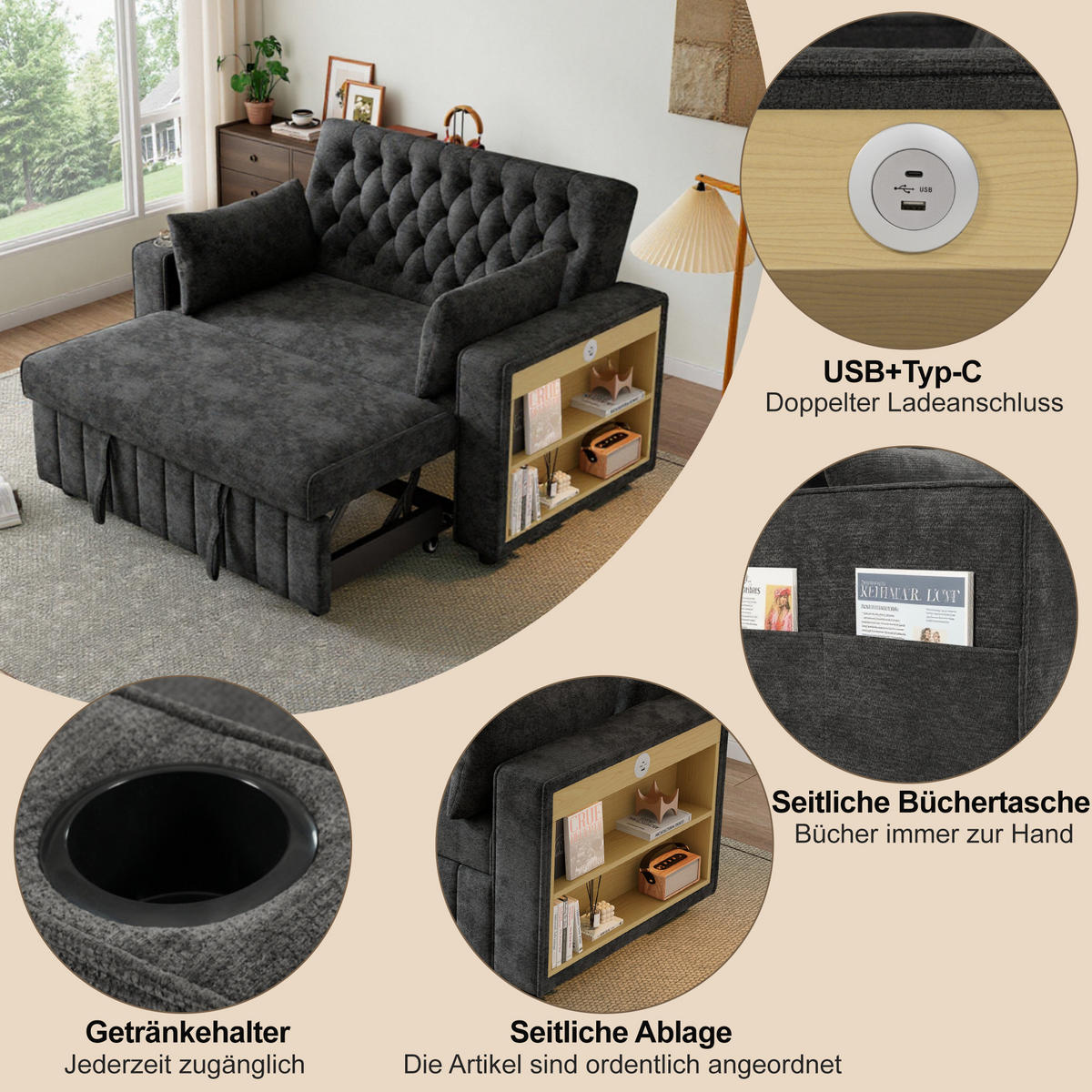 SCHLAFSOFA, Chenille mit USB-Anschluss, Stauraum & 3-fach verstellbarer Rückenlehne, 140/137/84 cm, Grau - Grau, Textil (137/84/140cm) - Redom