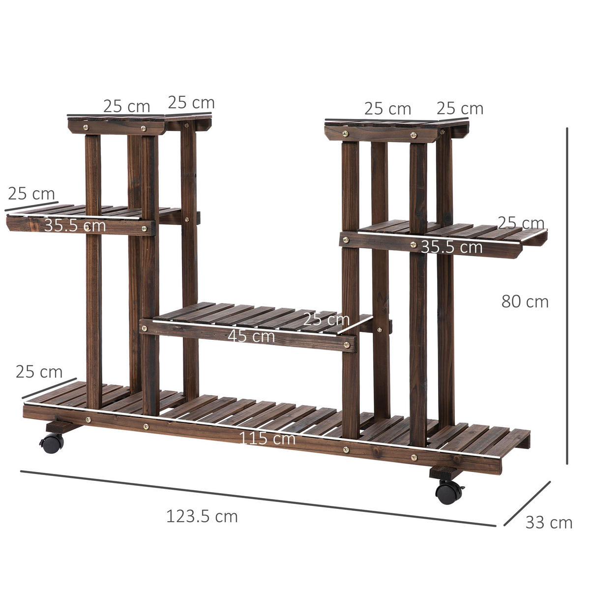 BLUMENTREPPE aus Holz 123,5x33x80 cm in Dunkelbraun mit Rollen - Dunkelbraun, Holz (33/80/123.5cm) - Modfu