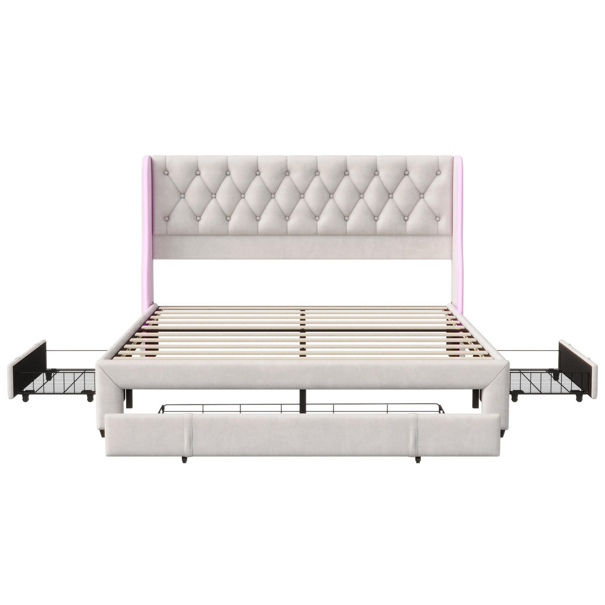 POLSTERBETT 160x200 cm, Beige, LED-Beleuchtung und 3 Schubladen - Beige, Textil/Metall (160/200cm)