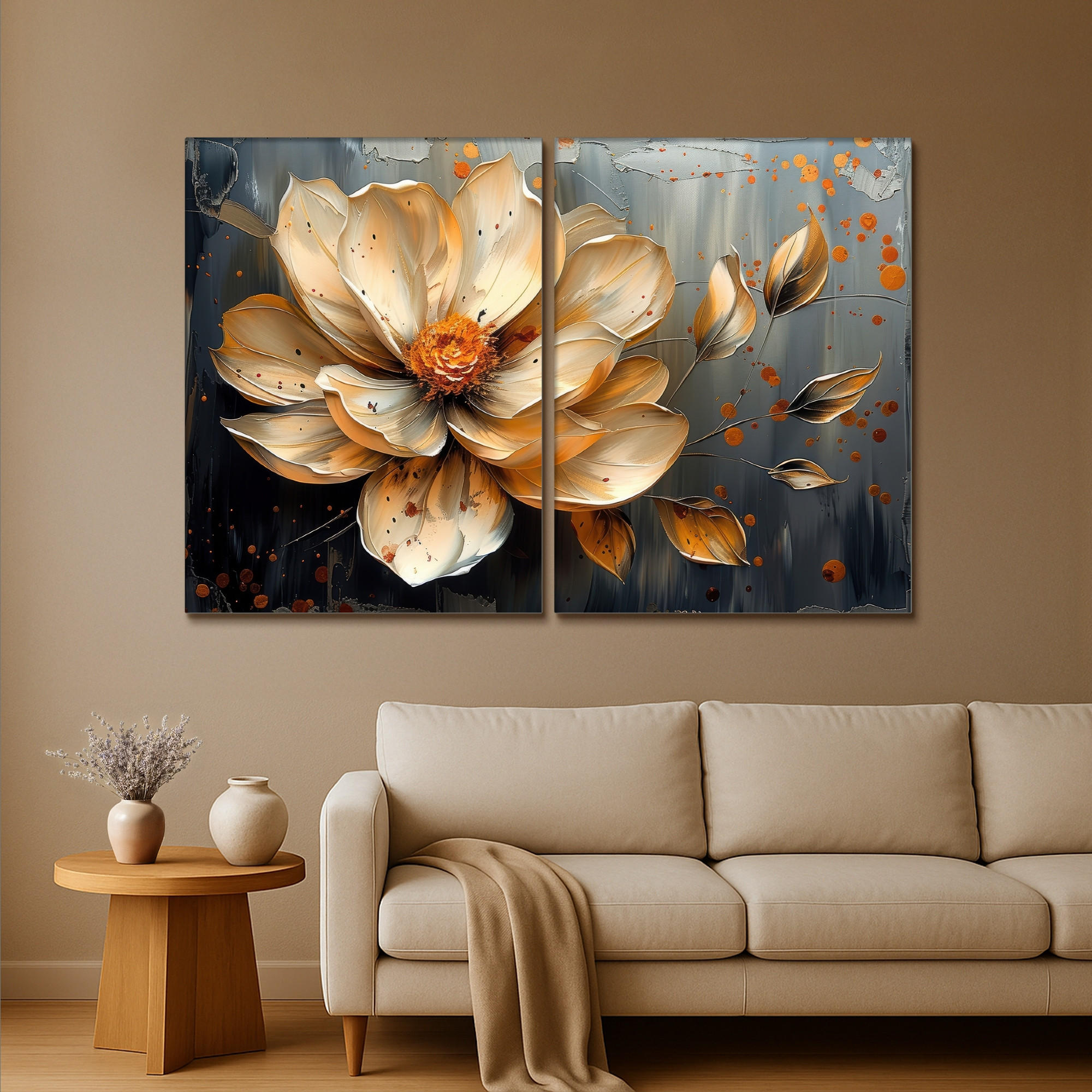 LEINWANDBILD 2er Set Blume - Gold - Abstrakt - Farbe 180x120 cm - Creme, Textil (180/120cm) - MuchoWow
