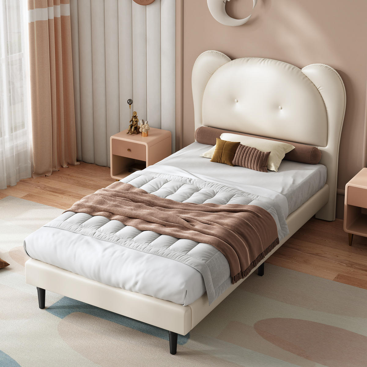 POLSTERBETT 90/200 cm Beige mit niedlichem Kopfteil in Tierform aus PU - Beige, Kunststoff (90/200cm) - OKWISH