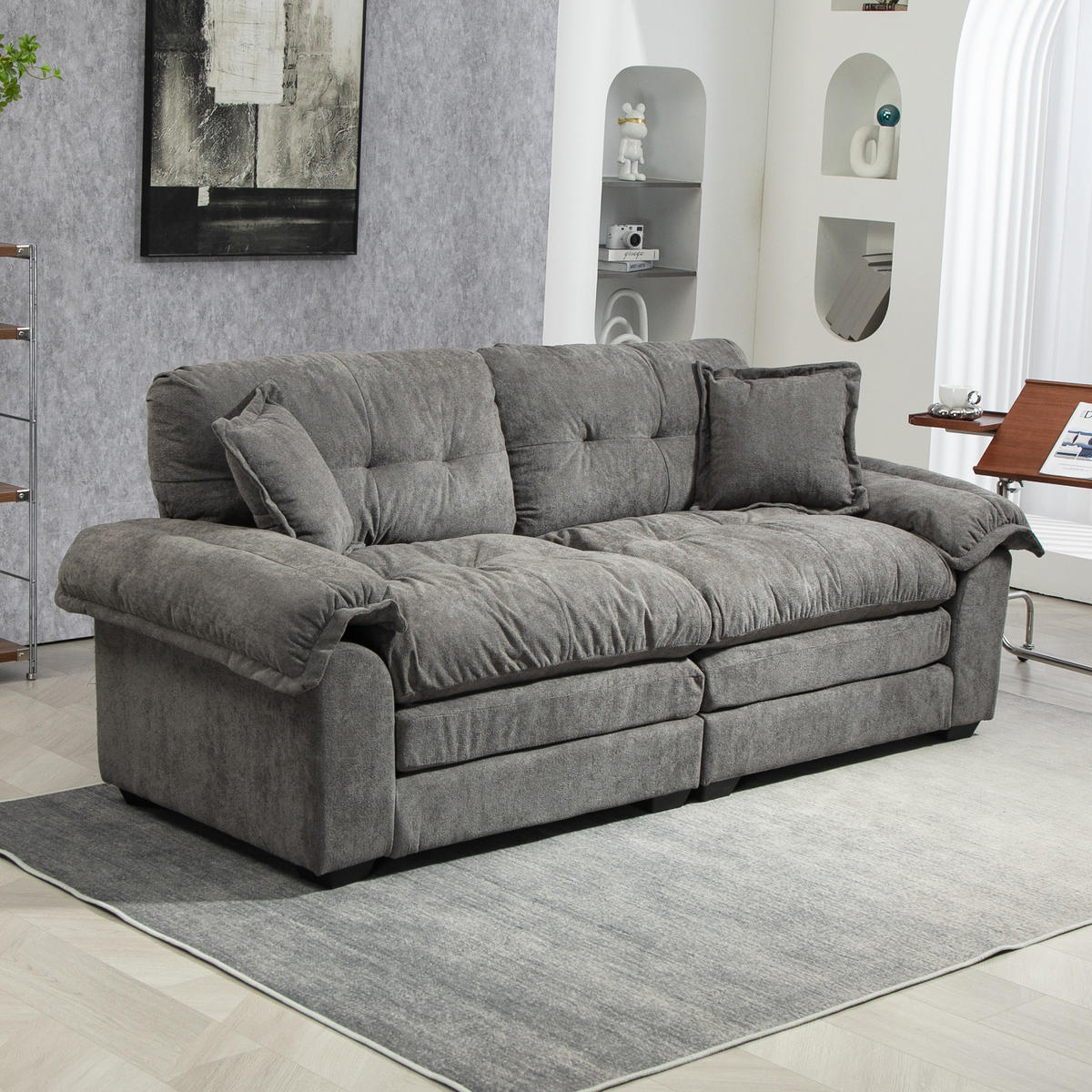 2-SITZER Sofa Chenille Polster mit tiefem Sitz, Doppelschichtkissen 213,4/90,1/87,6 cm Grau - Grau, Textil (90.1/87.6/213.4cm) - Redom