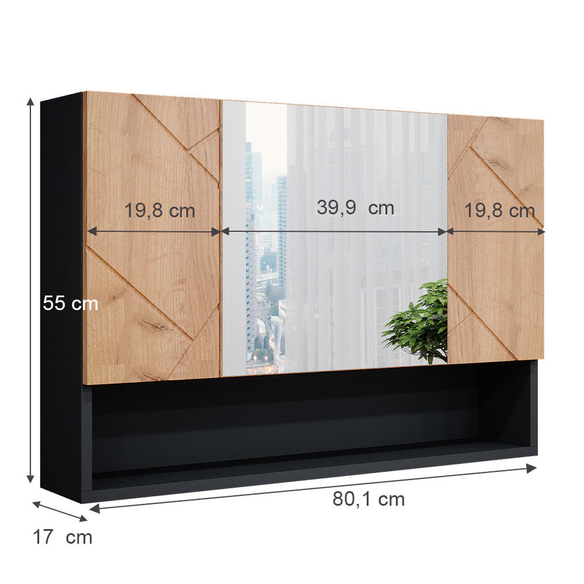 BADSPIEGELSCHRANK Irma Anthrazit 80.1 x 55 cm - Anthrazit/Eiche Wotan, Holzwerkstoff (80.1/55/17cm) - Vicco